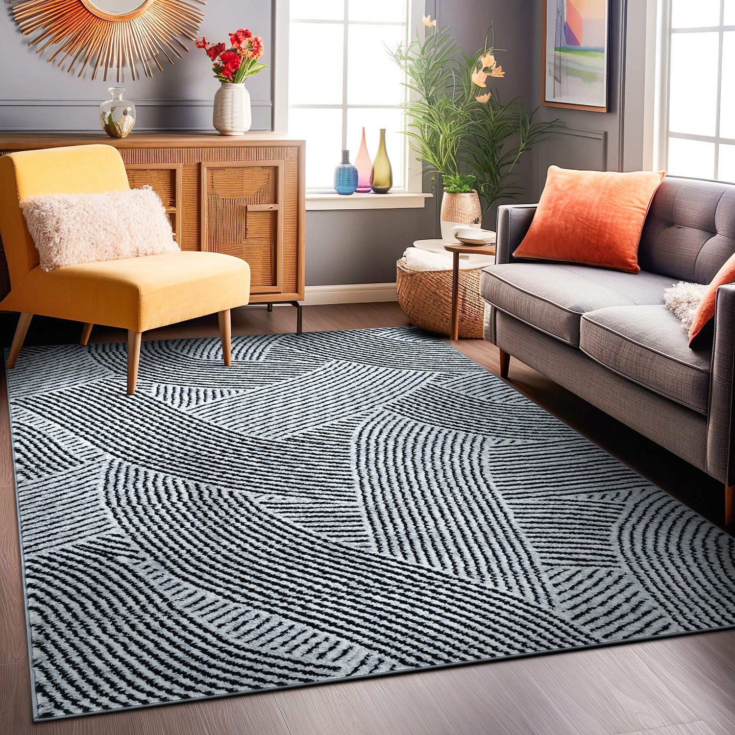 Rugshop Area Rugs for Living Room Bohemian Stripe Waves Rugs Bedroom Carpet 5×7