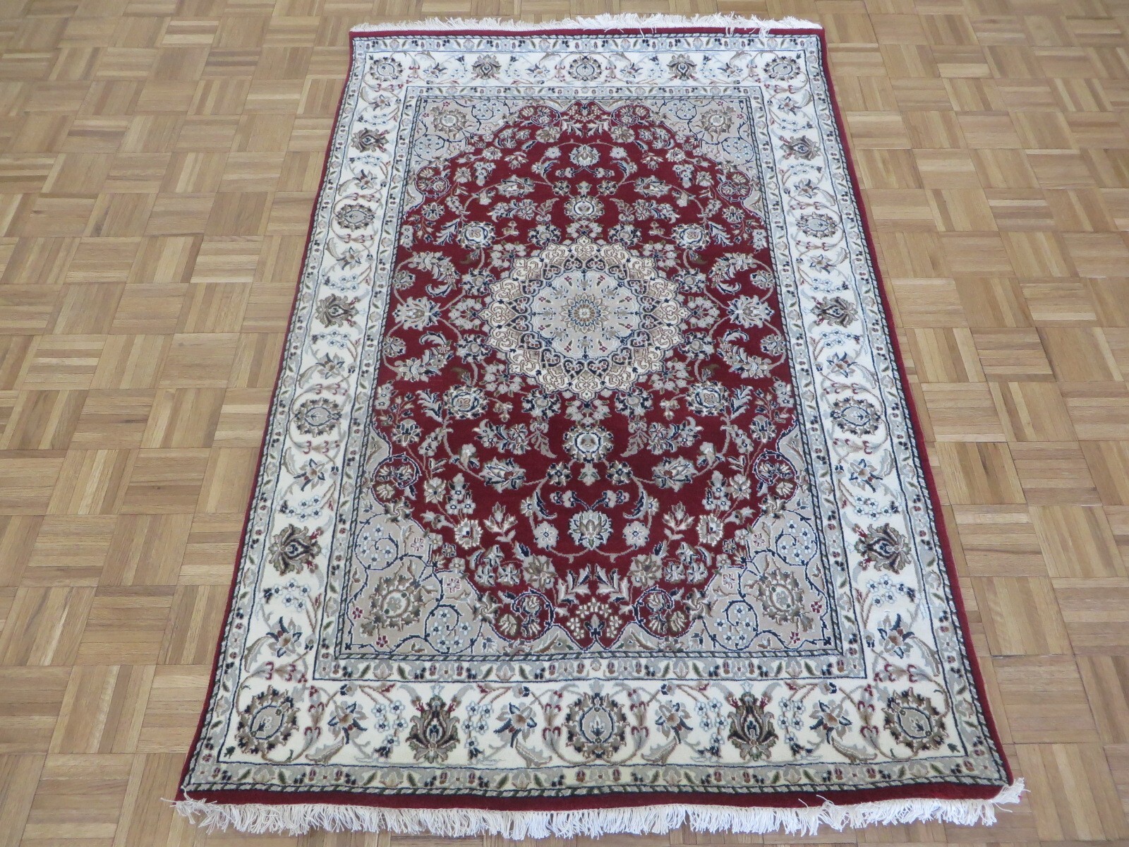 4’7 x 6’10 Hand Knotted Red Fine Nain With Silk Oriental Rug G14073