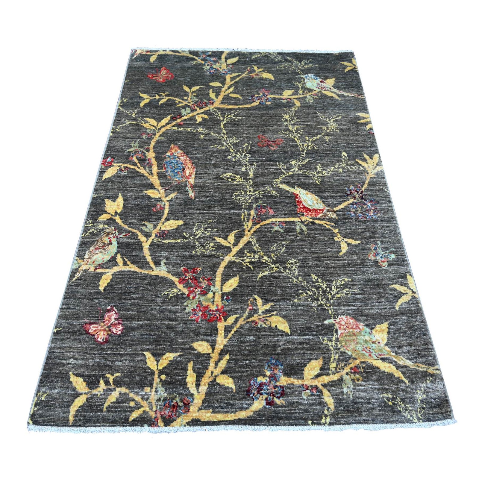 3’10″x5’10” Charcoal Gray Sparrows on the Tree Hand Knotted Soft Wool Rug 22949