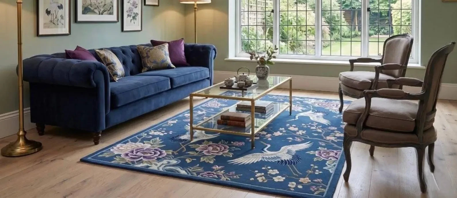 Hand Tufted Wool Rug: Navy Blue Chinoiserie Cranes Floral Area Carpet Design Rug