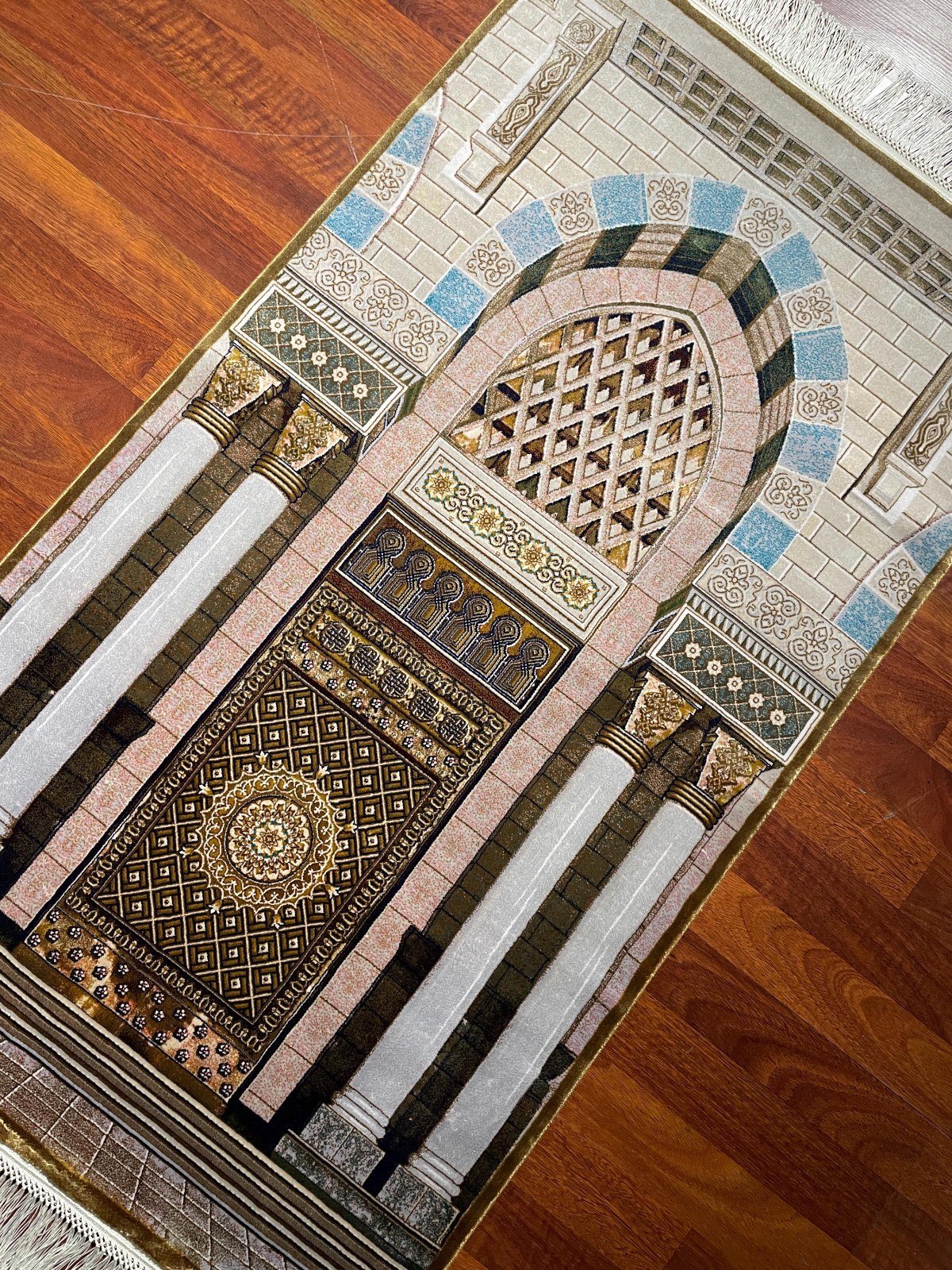 Beige Gold Islamic Prayer Rug – Mosque Arch Design Prayer Mat