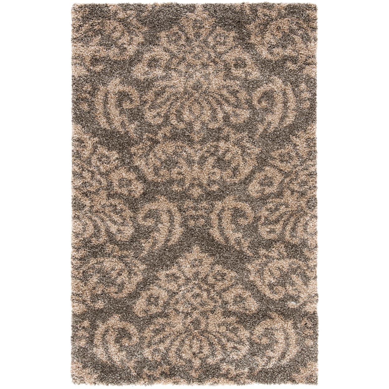 SAFAVIEH Contemporary Damask Floral Plush Shag Area Rug Smoke & Beige Florida