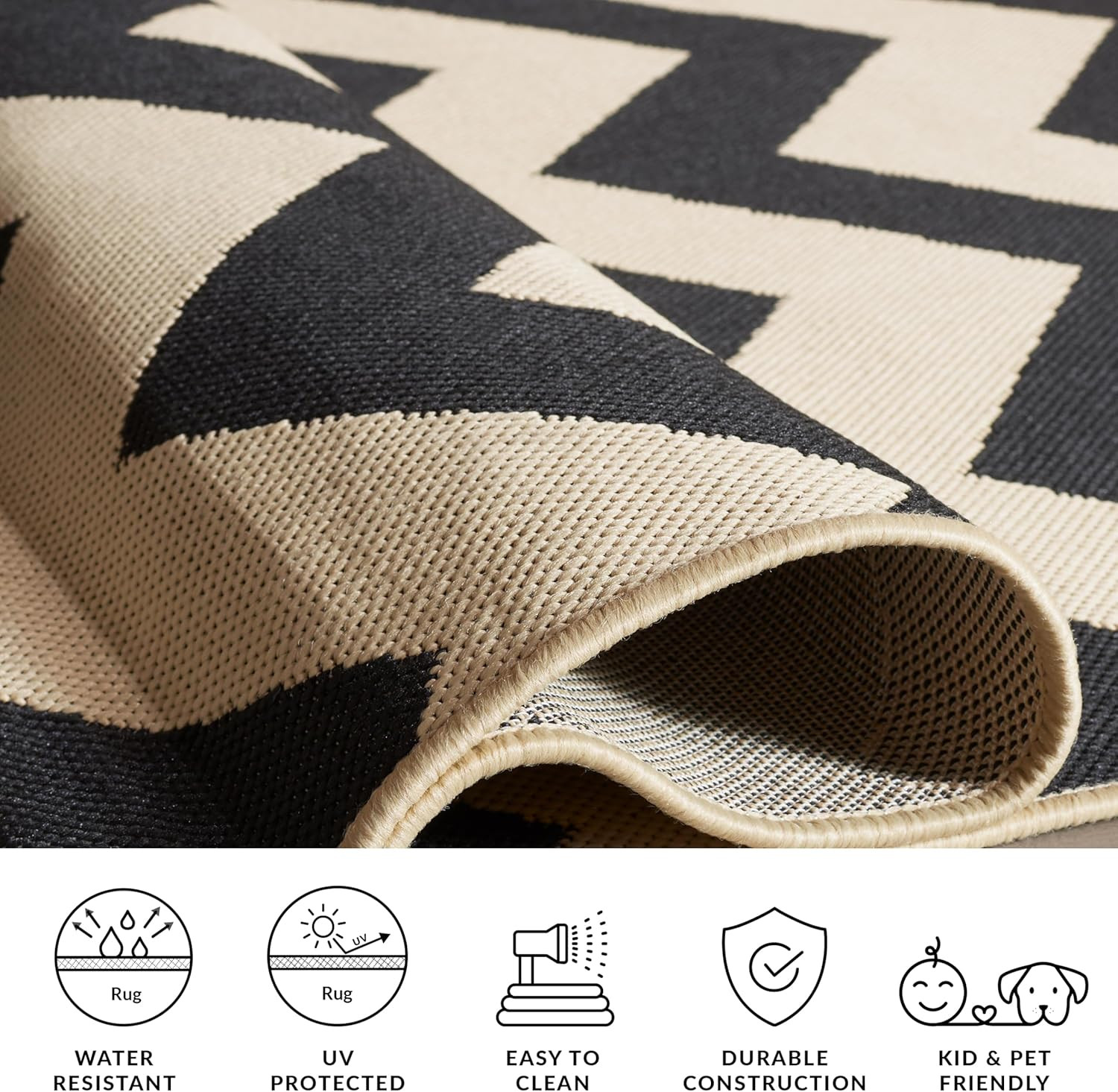 Washable Rug Outdoor Courtyard Collection – 2’3″ X 12′ Runner, Black & Beige, No