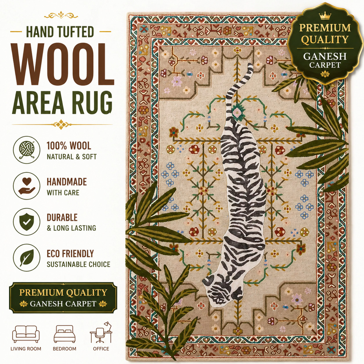 Hand Tufted Wool Area Rug Tiger Design Handmade Carpet Floral Border Living Room