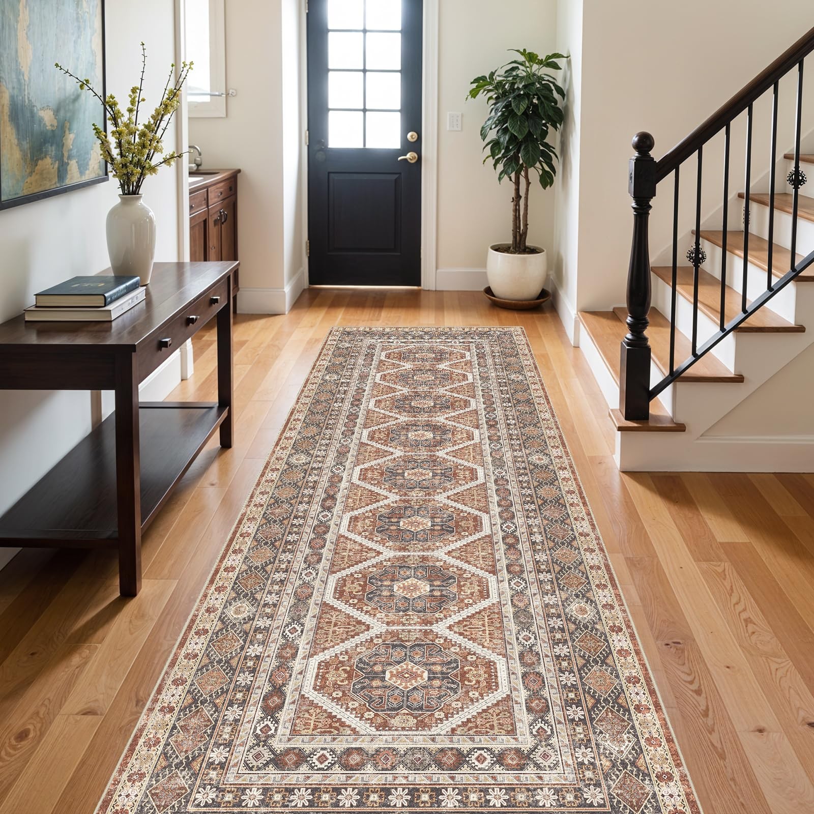 Ksrau 3×10 Runner Rug Washable Vintage: Non Slip Hallway Runners Brick