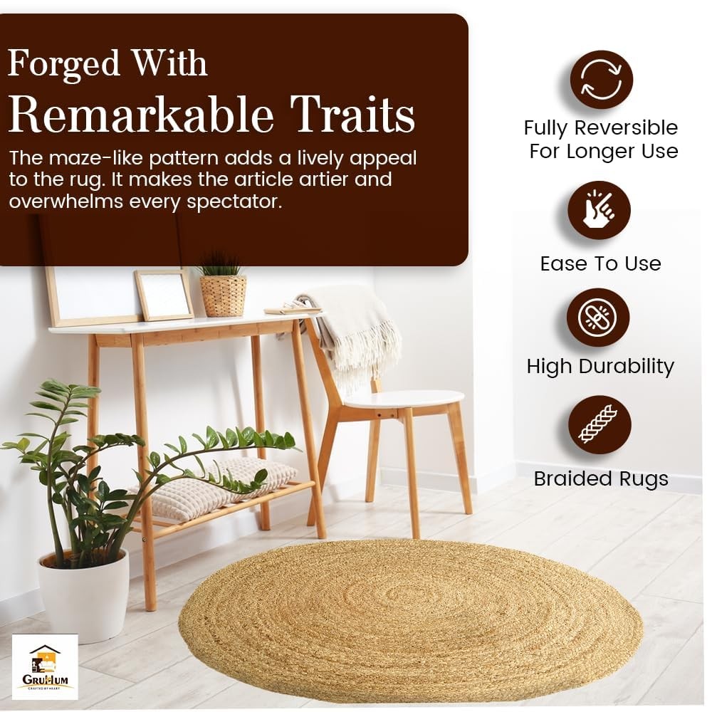 Gruhum Handwoven 5Ft Jute Area Rug Natural Fiber Round Boho Farmhouse Rustic