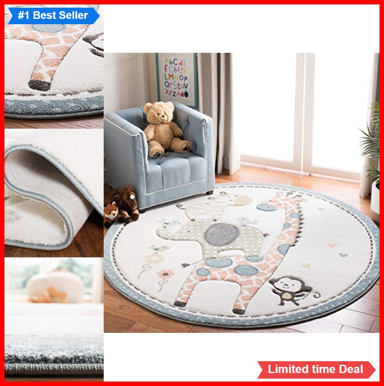 Area Rug 4 Feet Round Ivory Animal Design Polypropylene Easy Care High Traffic