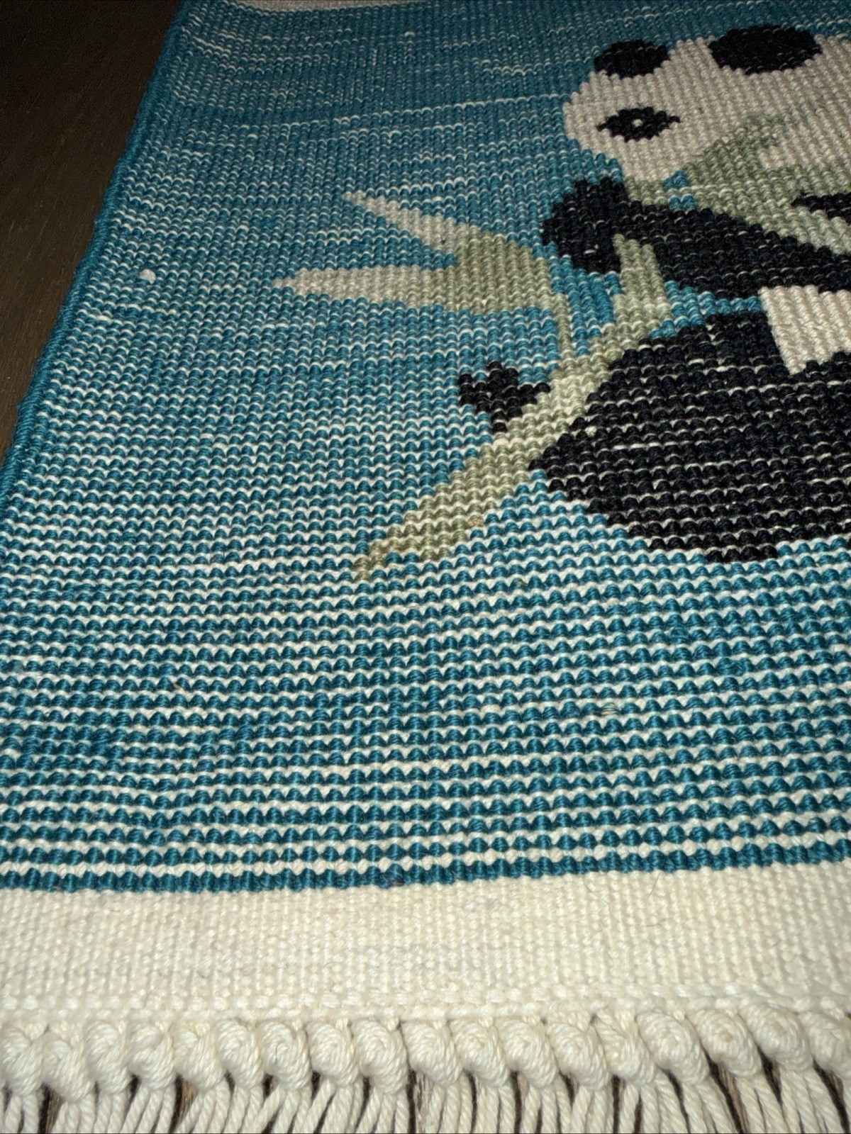 Vintage Oriental Panda Rug Thick Hand Woven approx 20”x 14” Including fringe