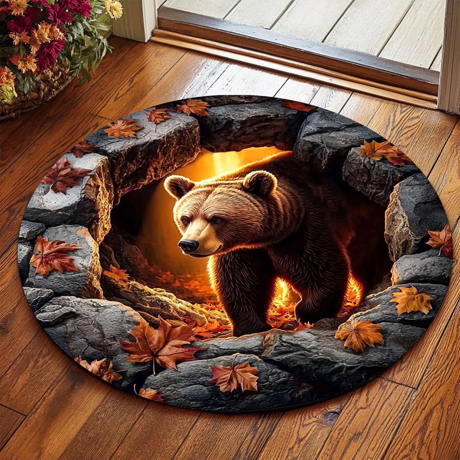 3D Printed Bear Round Rug Illusion Floor Mat, Rustic Cabin Animal Decor Gift