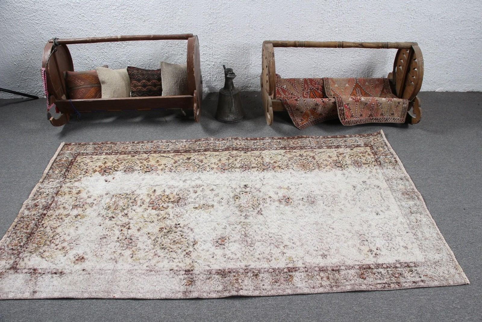 3,8×6,7 ft Vintage Rug, Area Turkish Rug, White Floral Rug