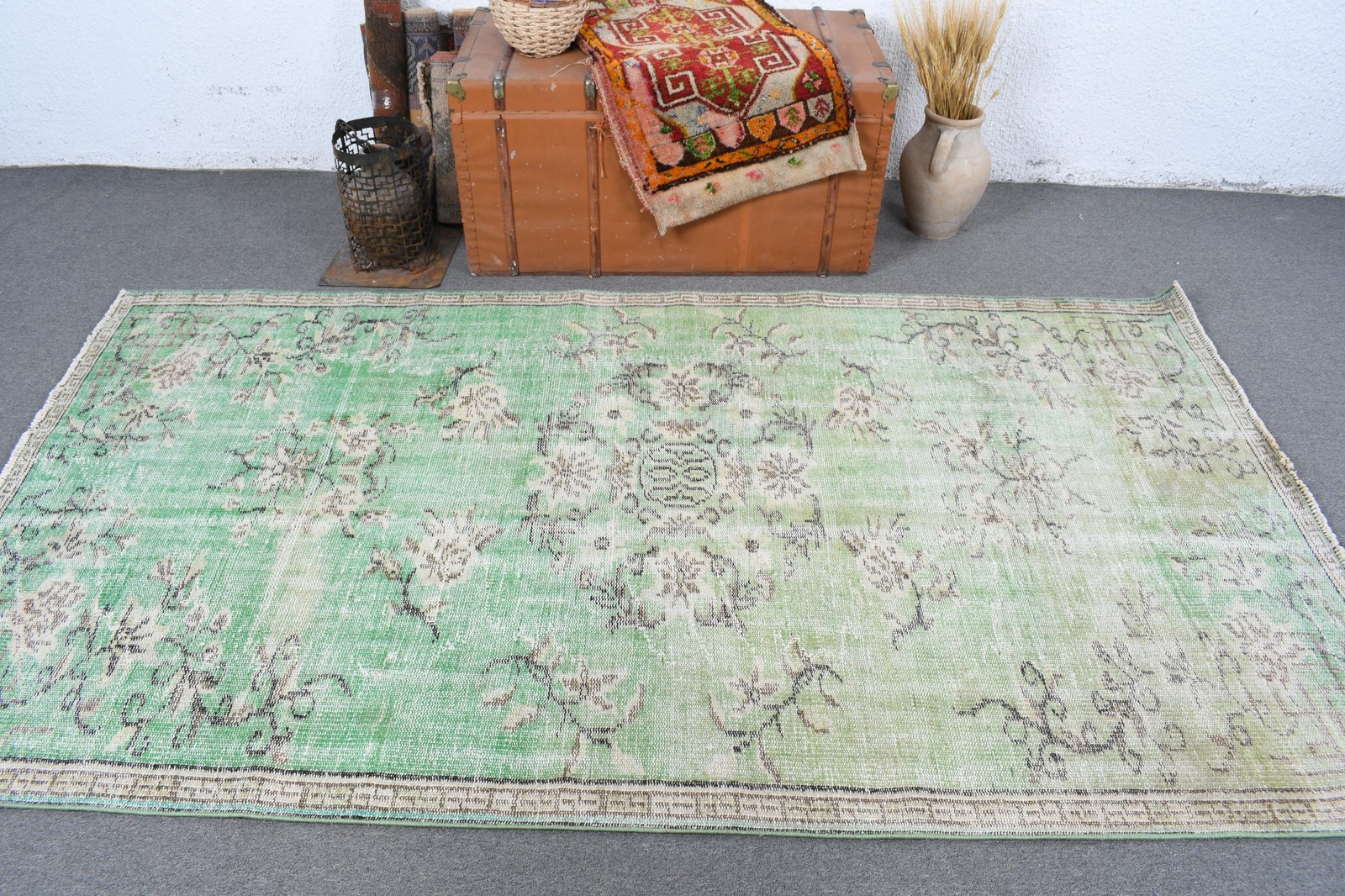 Turkish Area Rug, 4,5×8,1 ft Vintage Rug, Green Floral Wool Rug