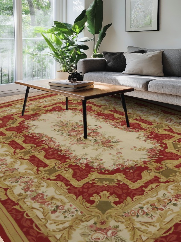 Aubusson Tapestry Chinese Area Rug 9×12 Elegant Floral Needle-Point Wool Carpet