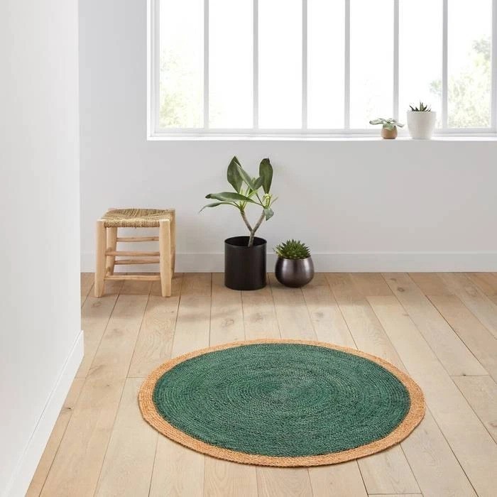 Round Jute Braided Reversible Rug Green Color Modern Farmhouse Floor Carpet Mat