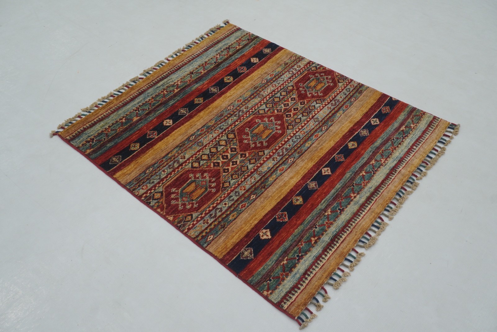3×3 ft Multicolor Khorjin Afghan Hand Knotted Wool Tribal Small Square Rug