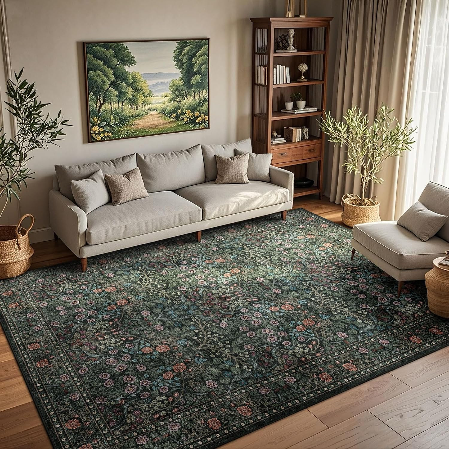 Dark Moody Floral Area Rug – 6X9 Washable Living Room Rug | Black Green Vintage