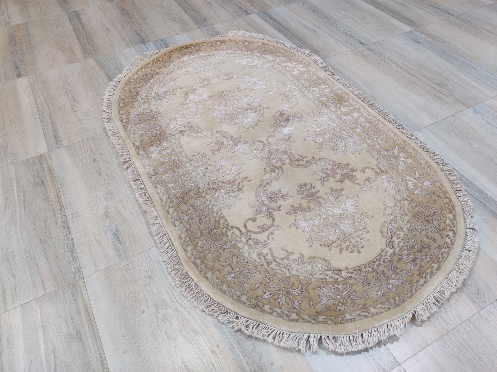 Damask Cream Gold 3 x 5 Hand Knotted Wool Rug for Bedroom 90×160 cm Oval Carpet
