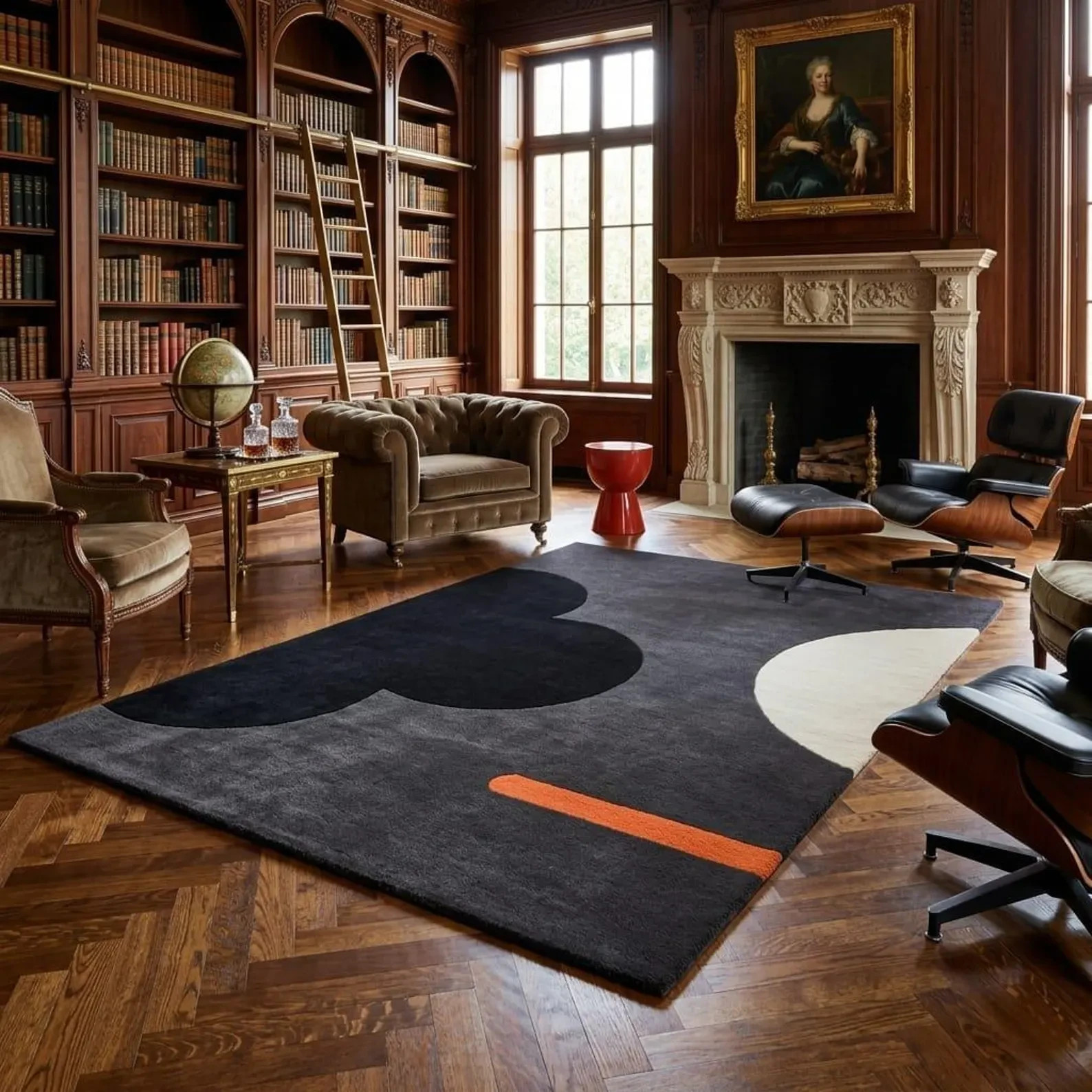 Modern Abstract Geometric Hand-Tufted Rug – Mid-Century Style Charcoal & Orange