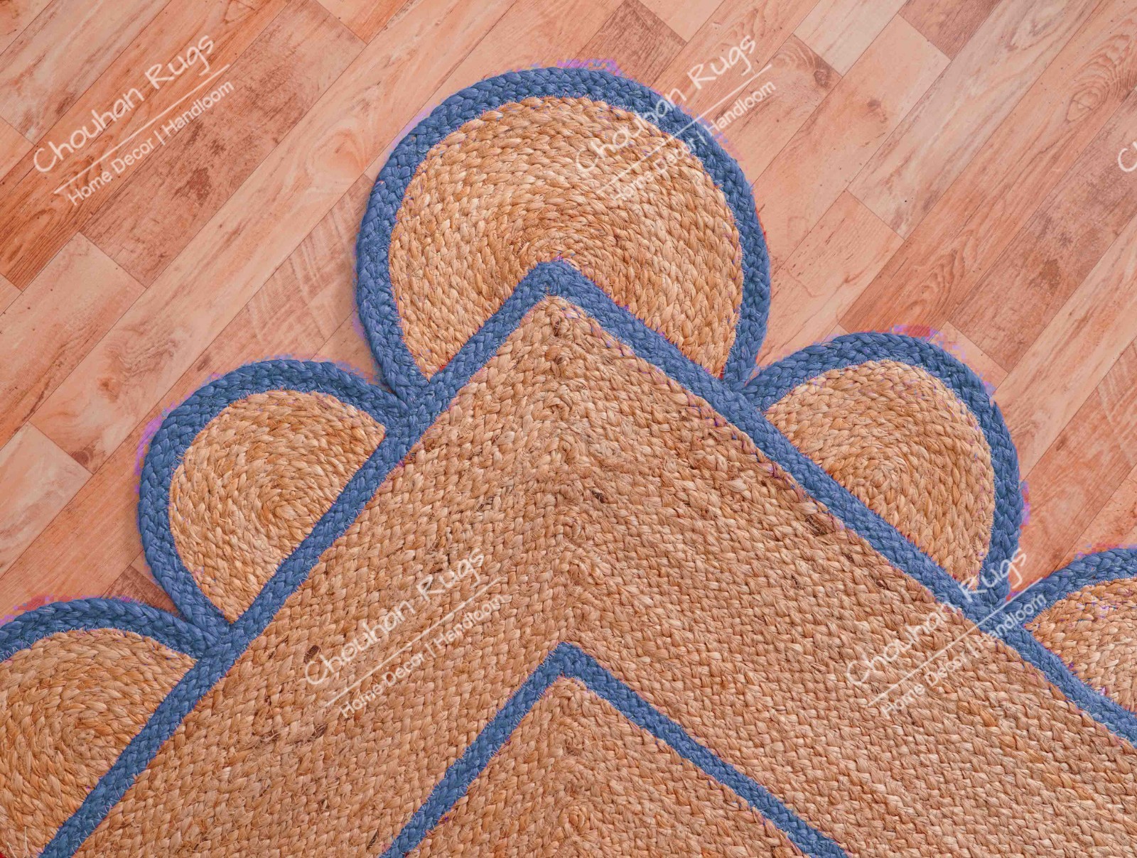 Natural scallop Jute Runner Rug 2×8 Ft Light Blue Border Boho Living area Rugs