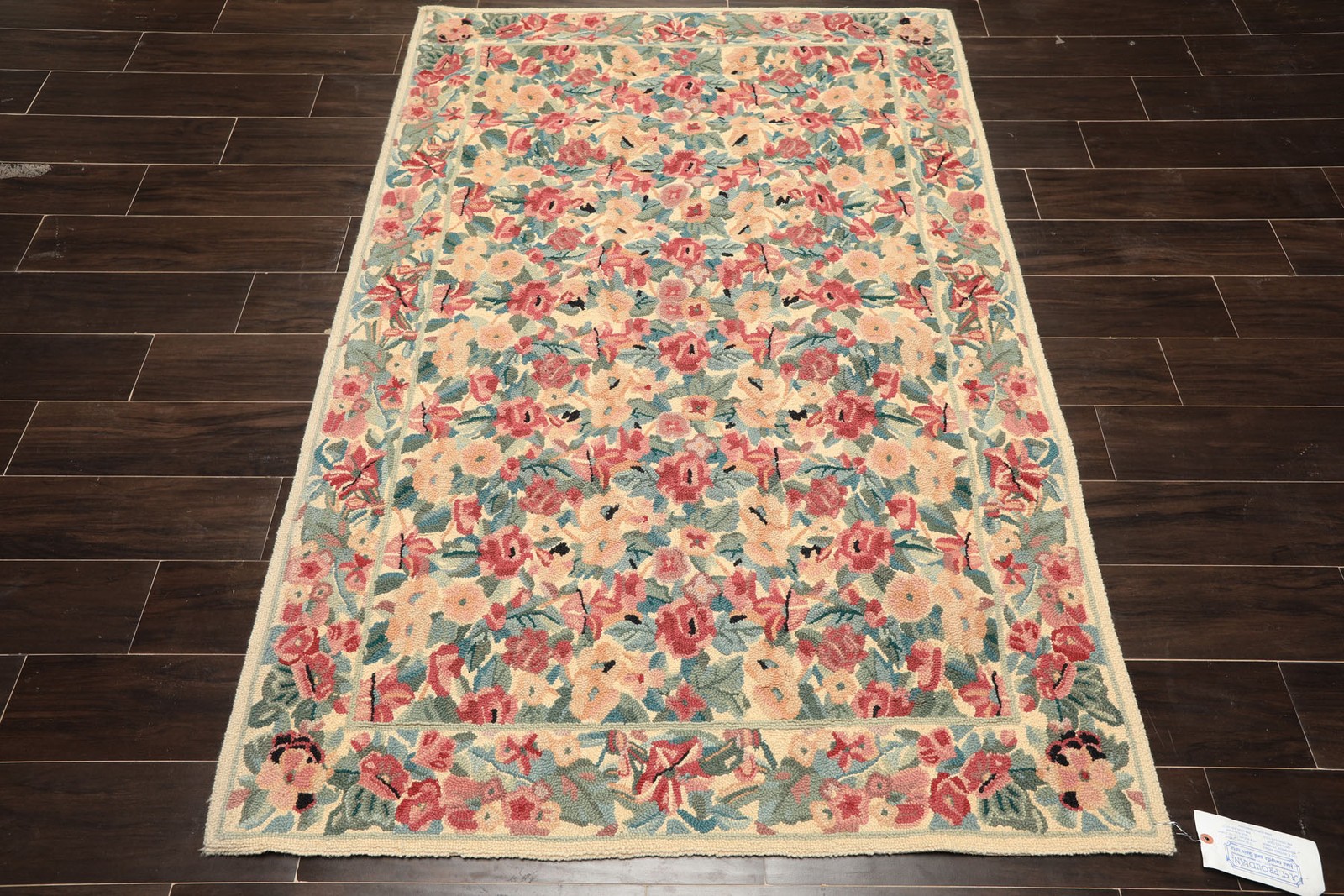 4×6 Hand Hooked Wool Ivory Traditional French Design Floral Vintage Rug