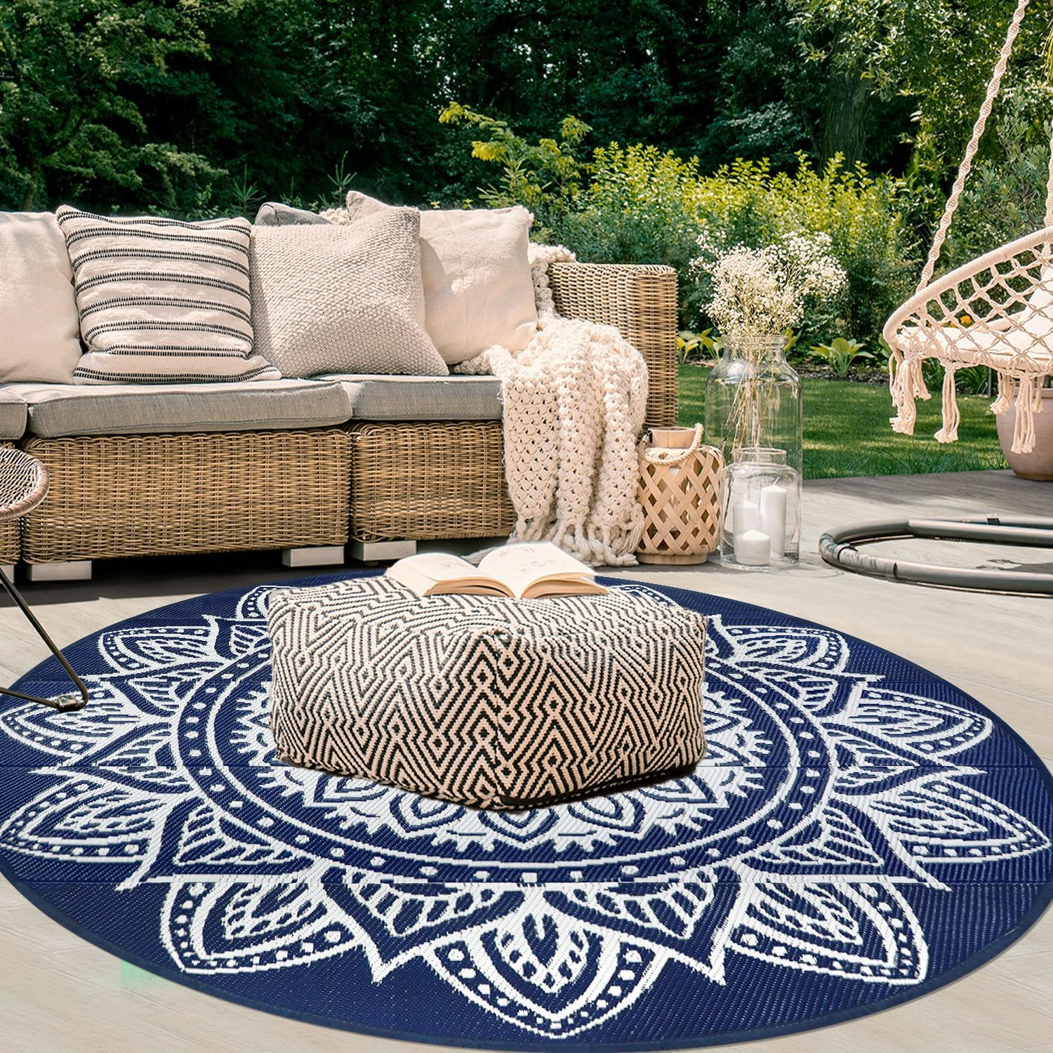 6 Ft Round Boho Outdoor Plastic Straw Rug, Waterproof, Portable, Reversible, UV-