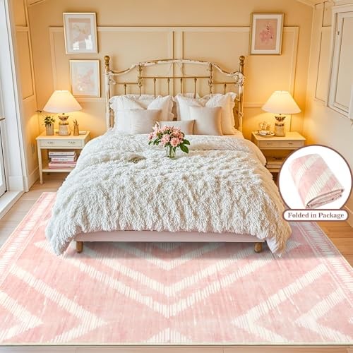 Boho Pink Washable Area Rugs 5x7ft for Living Room, Soft Bedroom Nursery Rugs