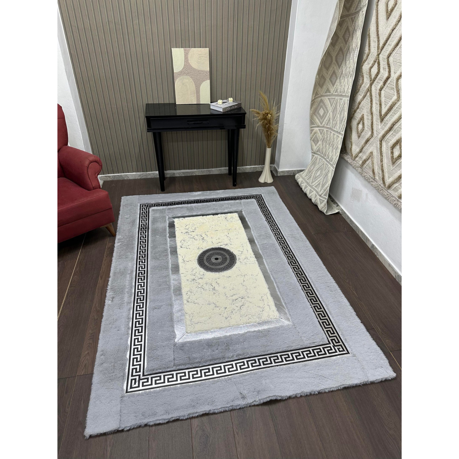 Gray Cream Luxury Rug | Double Border Soft Fur Carpet with Silver Accents