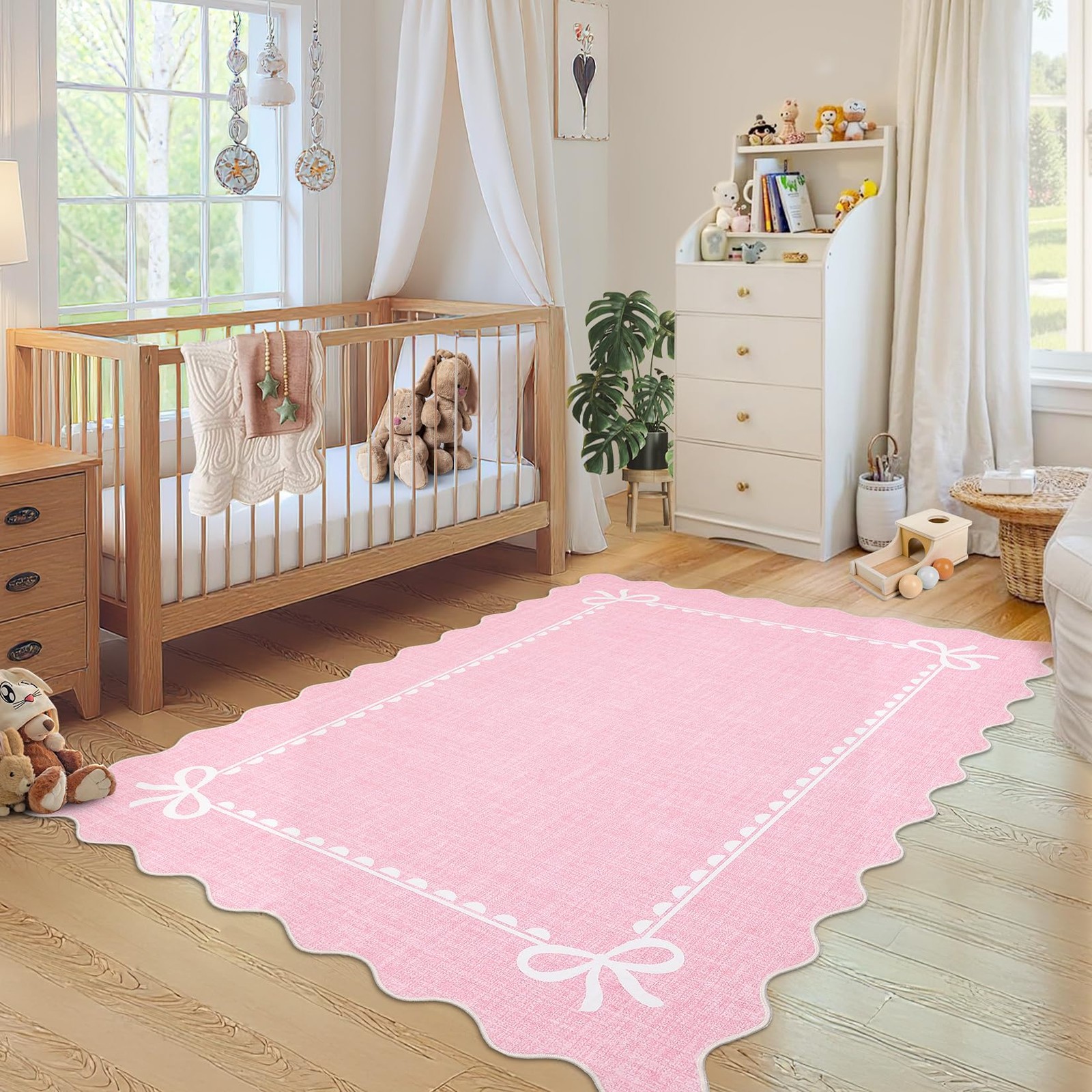 Scalloped Bow Rug for Living Room, Solid Pink Rug for Dorm, Washable Rugs 5×7