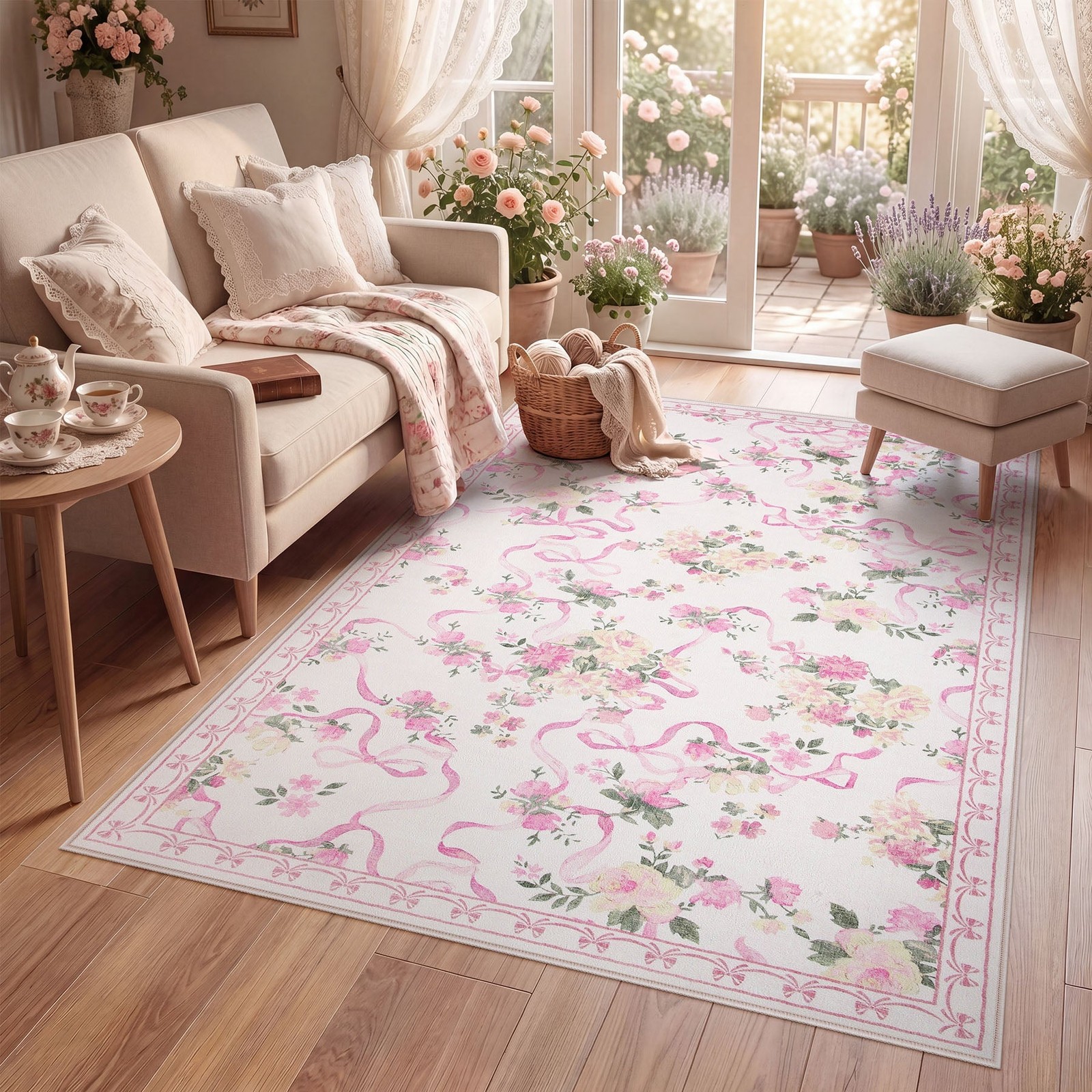 5X7/8X10 Washable Area Rug, Boho Floral Low Pile Non Slip Carpet for Living Room