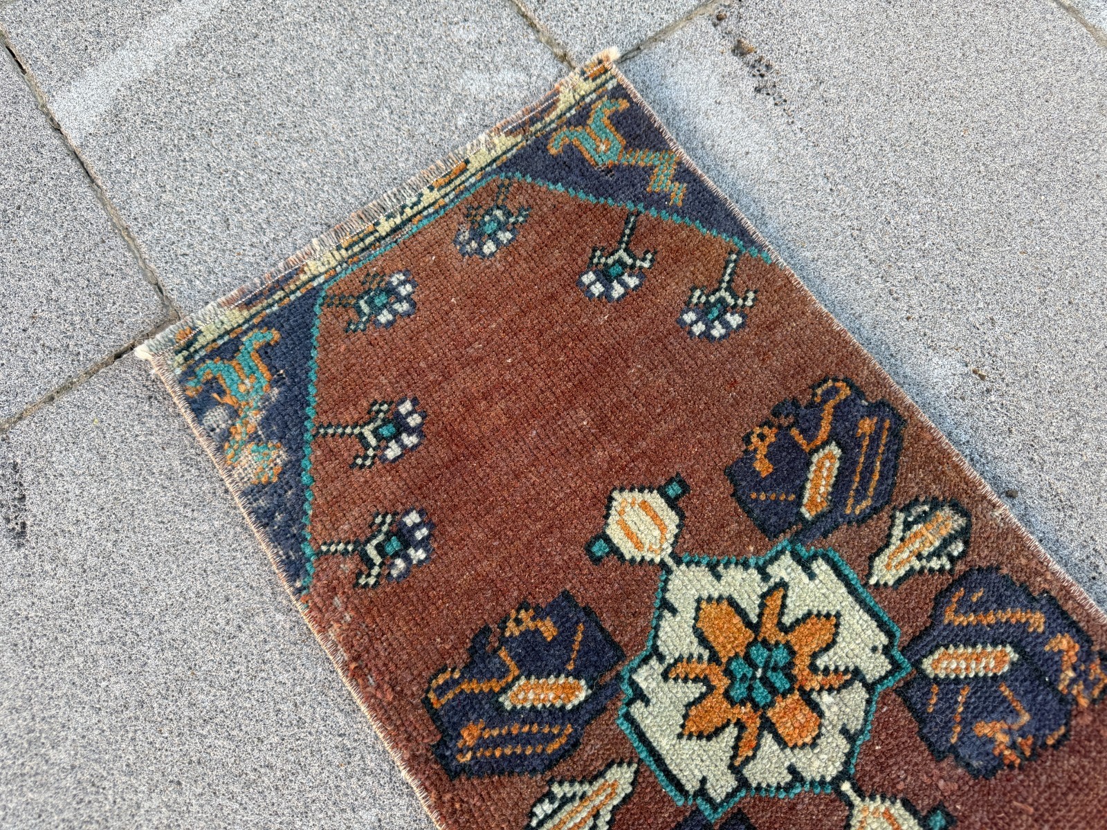 Vintage Brown Turkish Rug 1.1×2.4 Ft Tribal Wool Mat Navy Turquoise Hand Knotted