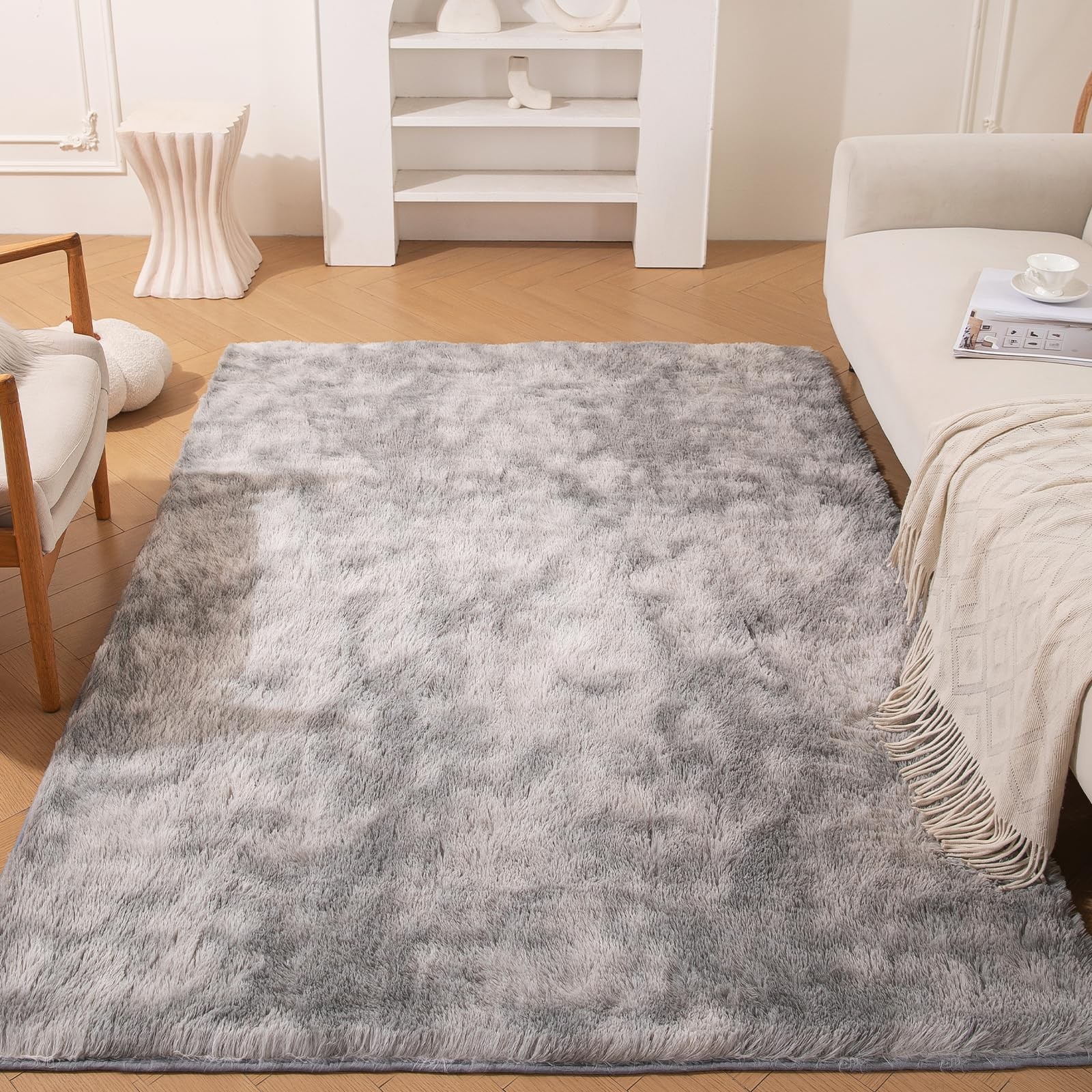Premium Shag Area Rug 4’x6′, Tie-Dye Grey Ultra Plush Rugs for Living Room, N…