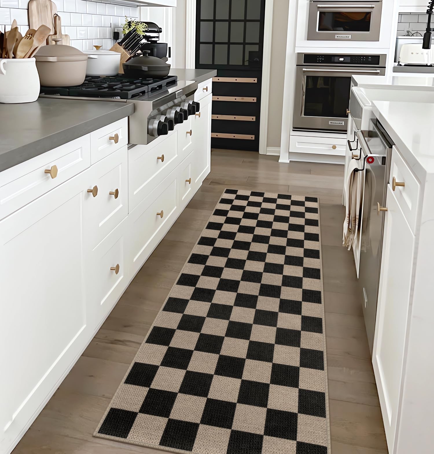 Easy Jute Checkered Runner Rug, 2×6 Black Modern Washable Rugs Runner for Hal…