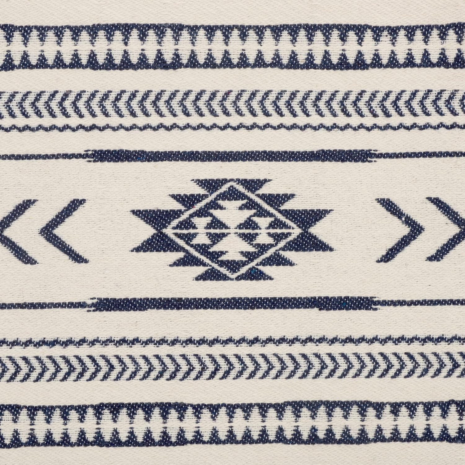 Boho Tribal Navy & White Ottoman with Natural Wood Frame – Fully Assembled