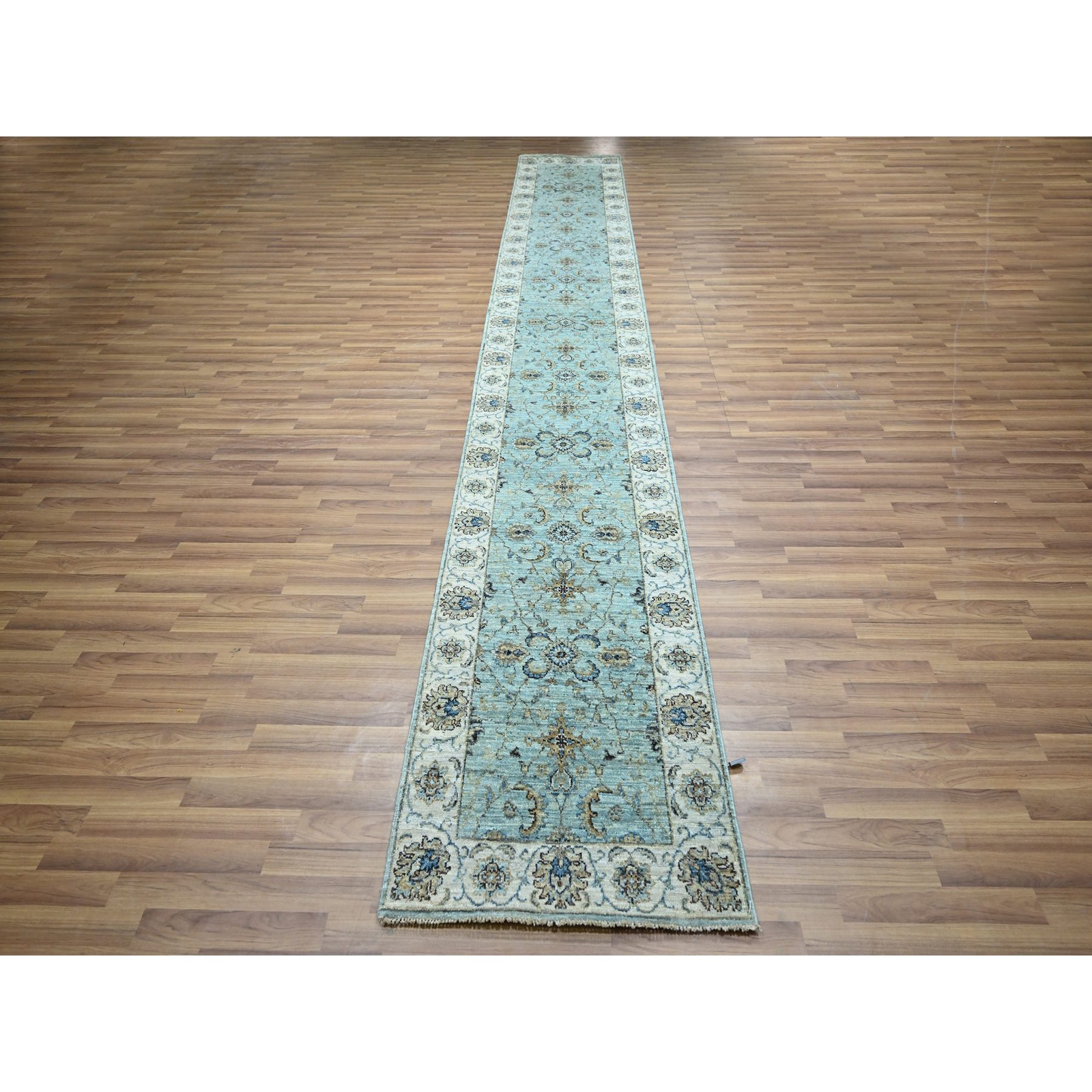 2’6″x15’9″ Blue Hand Knotted Agra Vines Design Pure Wool XL Runner Rug R76115