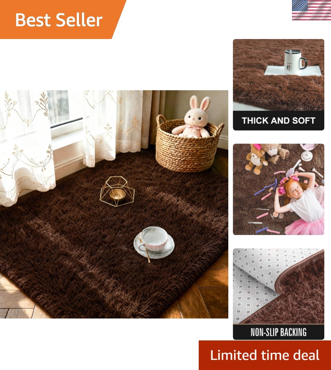 Luxurious 2×3 Feet Fluffy Brown Area Rug – Ideal for Living Room & Home Decor