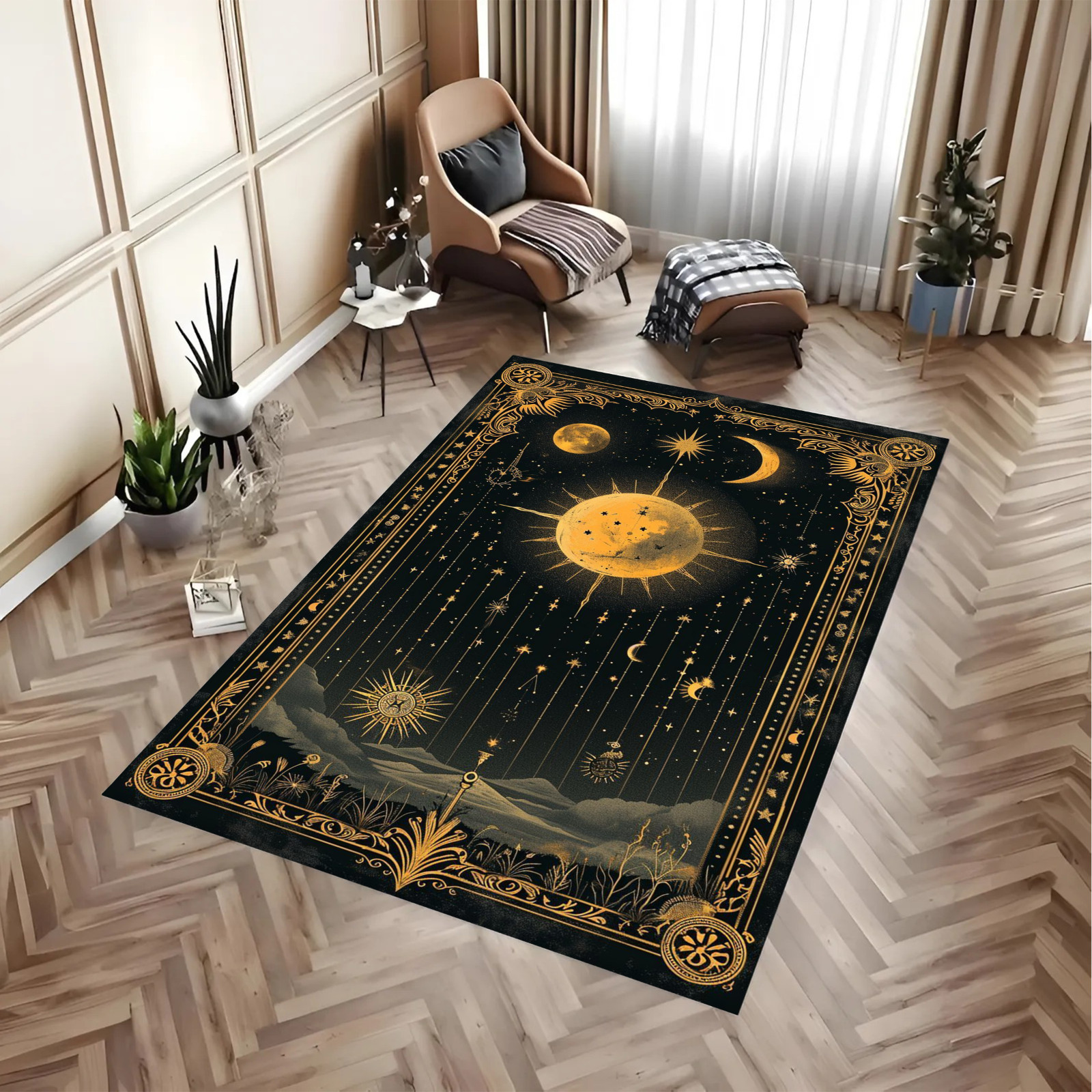 Celestial Sun Moon Stars Area Rug Vintage Gothic Non-Slip Living Room Carpet