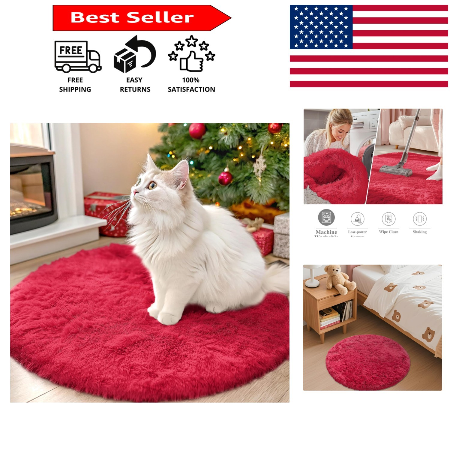 2 Ft Round Red Area Rug – Plush, High Pile, Machine Washable for Nursery & Home