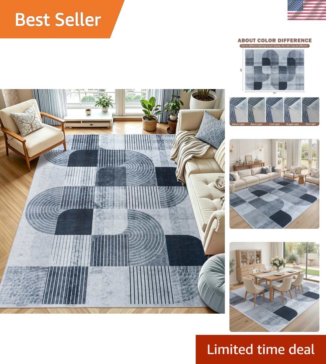 4×6 Grey Area Rugs for Bedroom Living Room – Soft Washable Modern Rug Non-Sli…