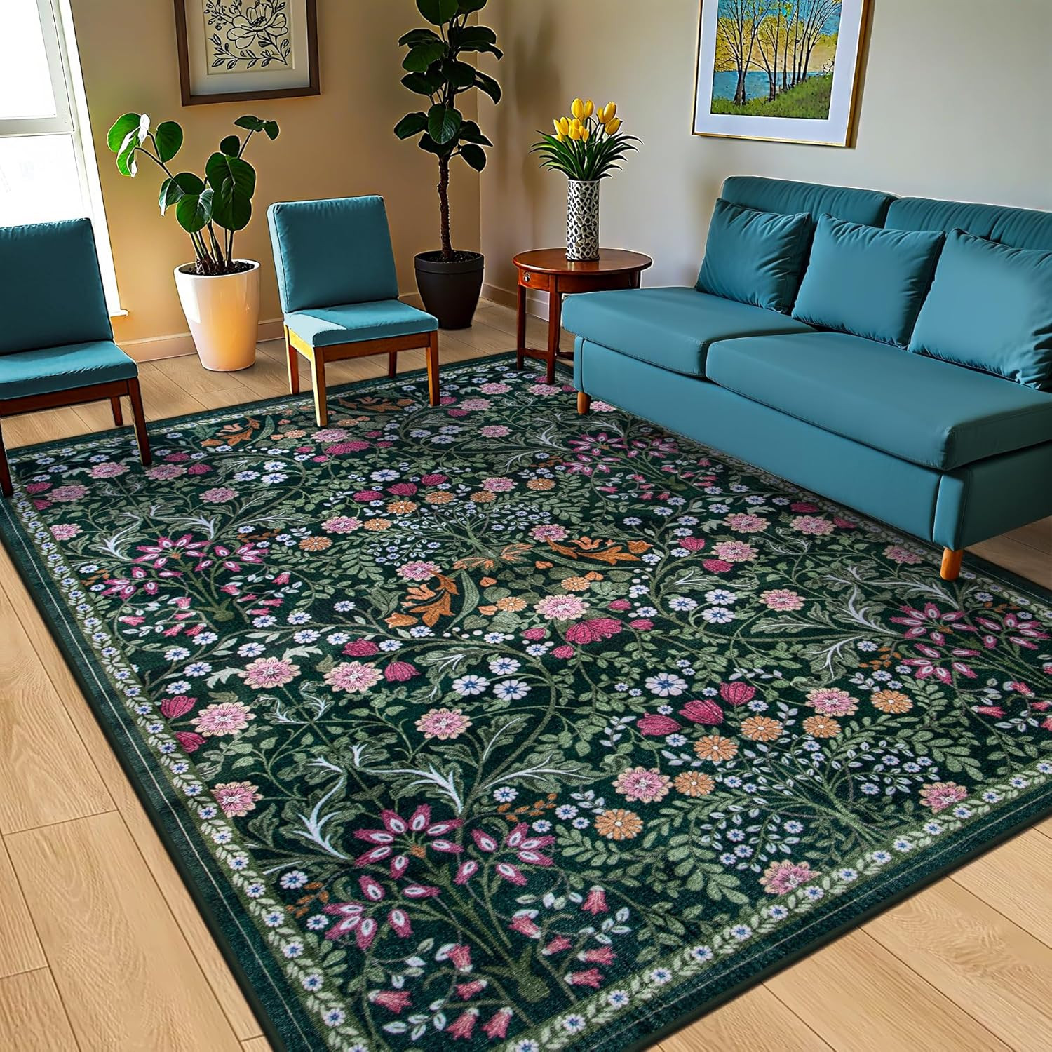 8X10 Area Rugs for Living Room: Floral Washable Rug Vintage Large Soft Boho Non-