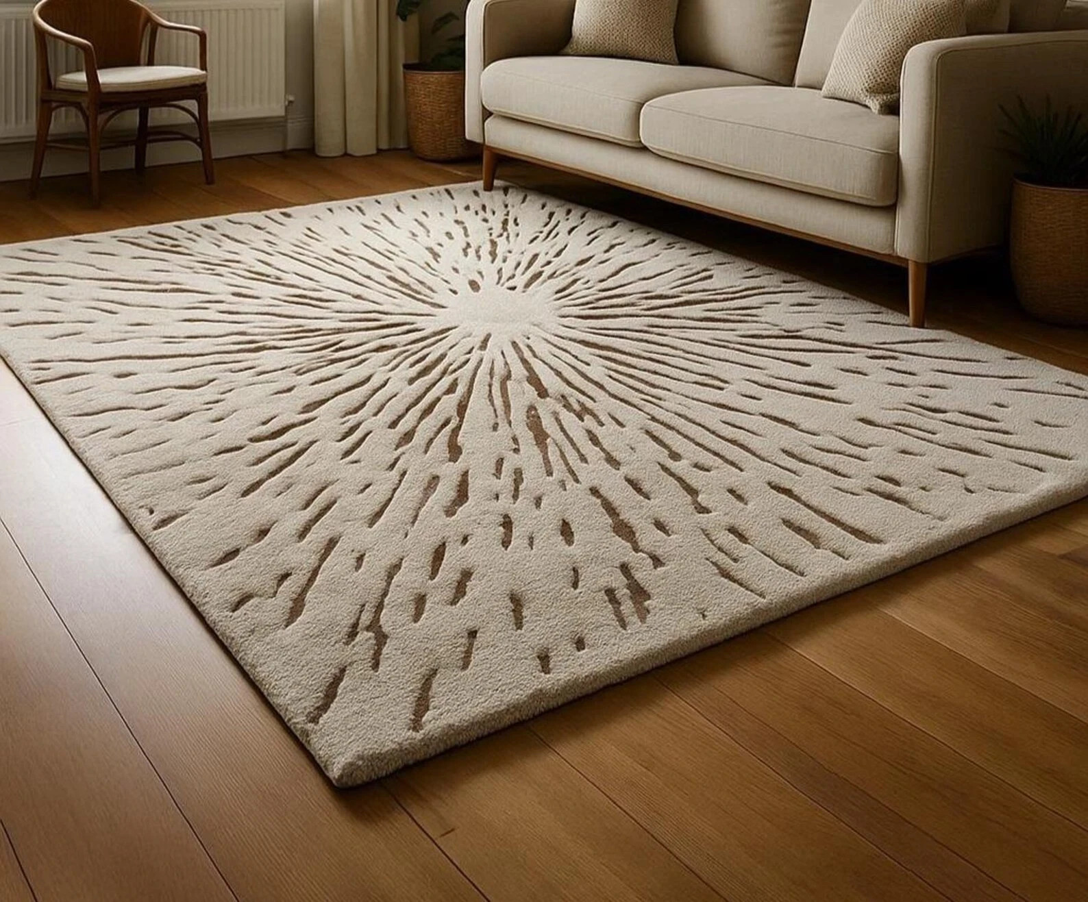 8×10 Modern Abstract Hand Tufted Wool Area Rug Neutral Sunburst Carpet