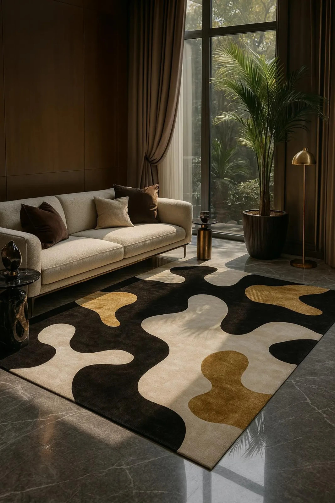 Handmade Wool Area Rug – Modern Black Beige Gold Organic Abstract for home decor