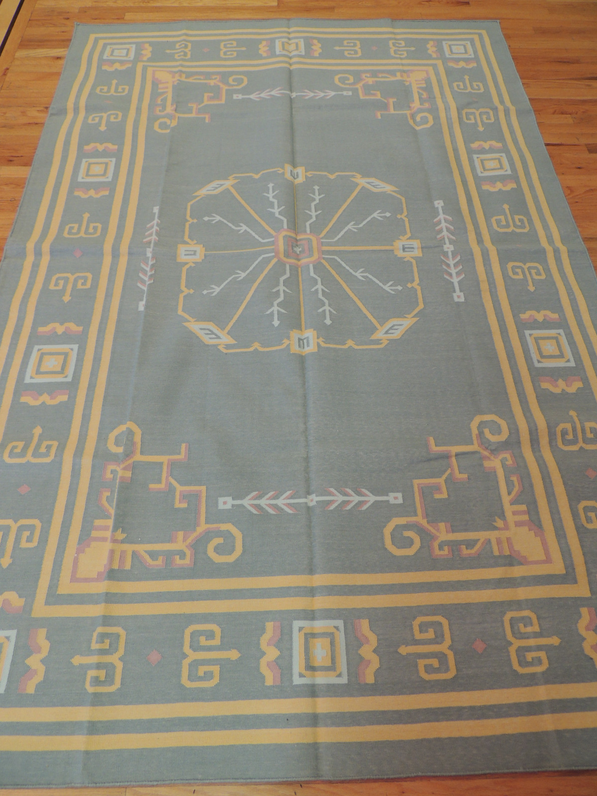 Dhurrie Durry 6×9 Reversible Area Rug Geometric design Blue Gray yellow wool