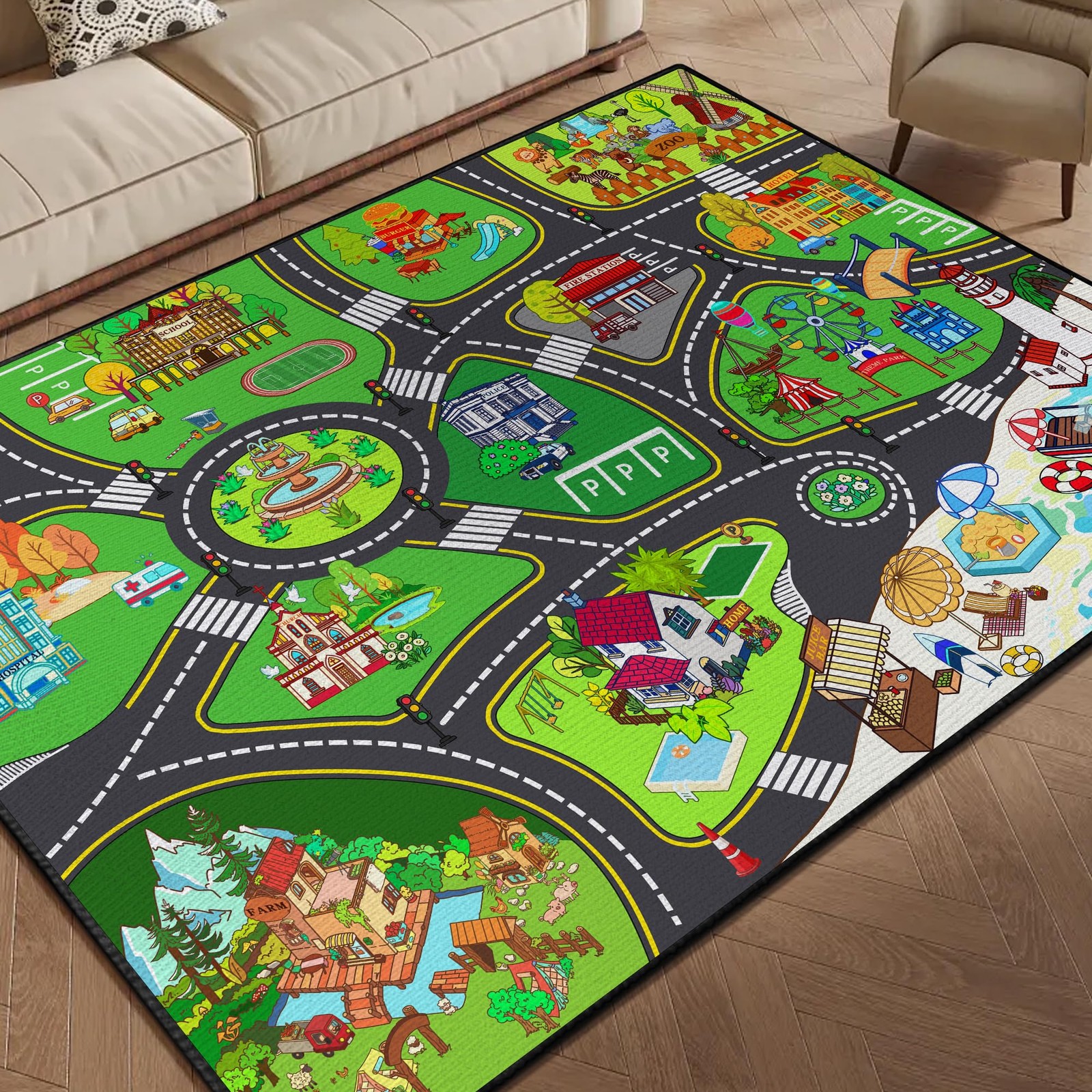 Play Mat for Playroom, 2×3 Fun Car Play Rug Town City Road Map Carpet for Kid…