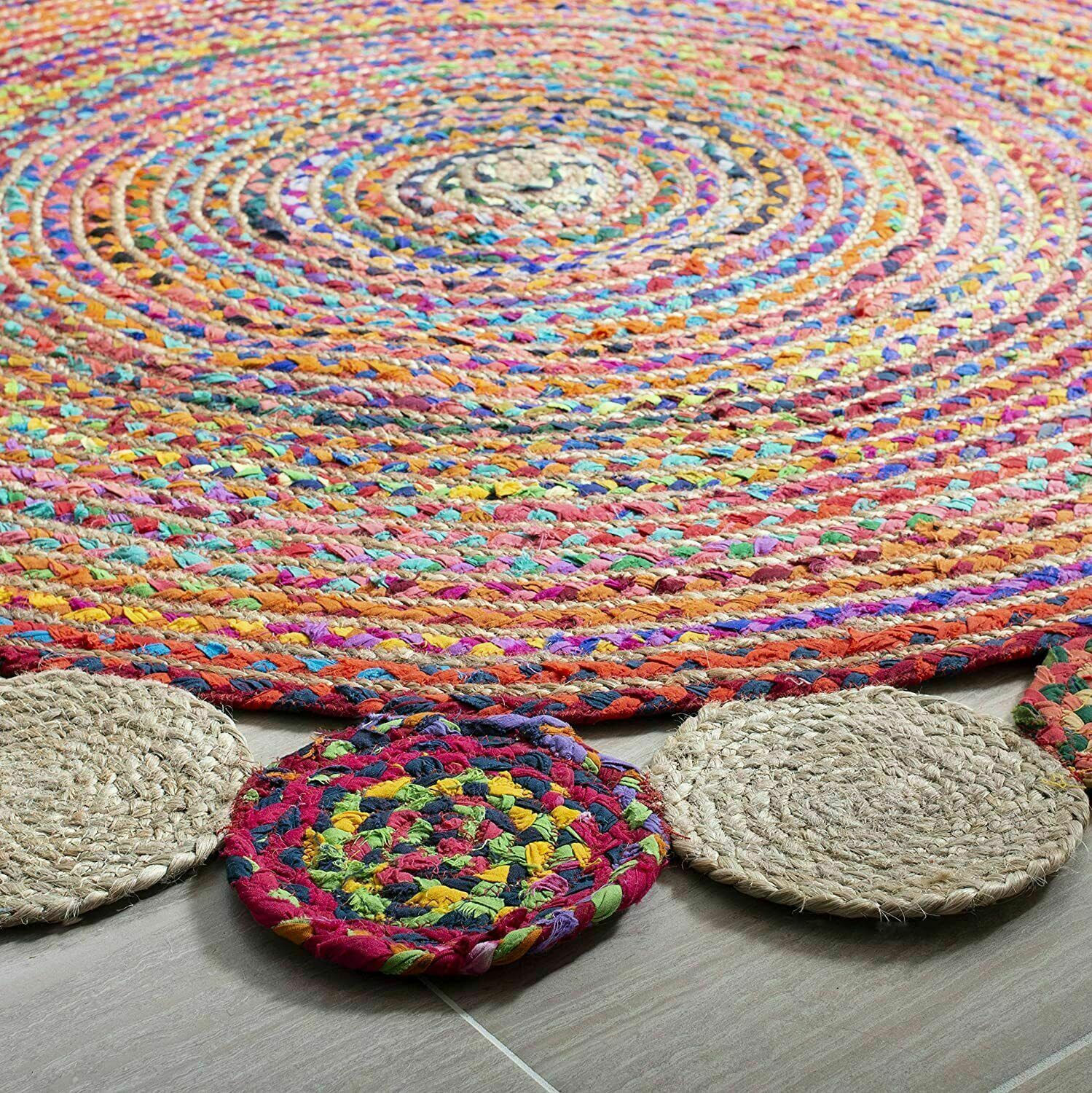 Rug Natural Jute & Cotton Round Design 100% Handmade Carpet Reversible Rug