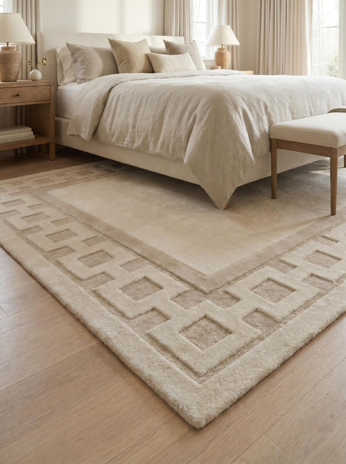 Luxury Greek Key Hand Tufted Handmade Neutral Area Rug Modern Beige Living Room