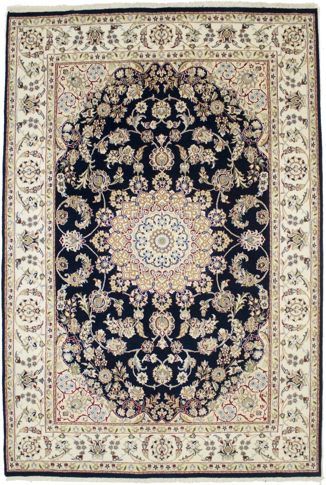 Handmade Indo-Nain Dark Navy Classic Floral Rug Oriental Decor Carpet 5’5X8’0 ft