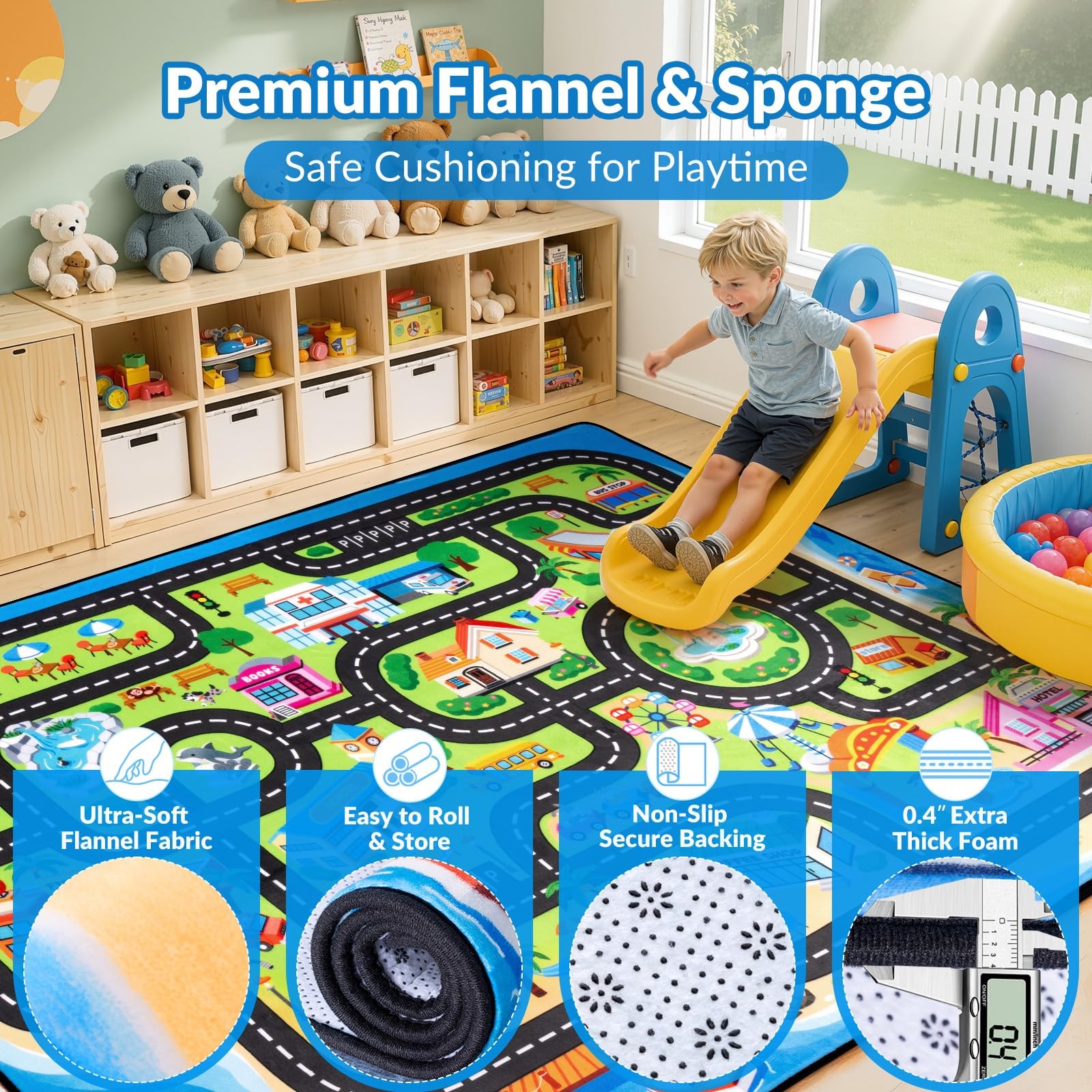 Kids Road Rug 3×5 Town Map Play Mat for Toy Cars Educational Soft NonSlip Carpe