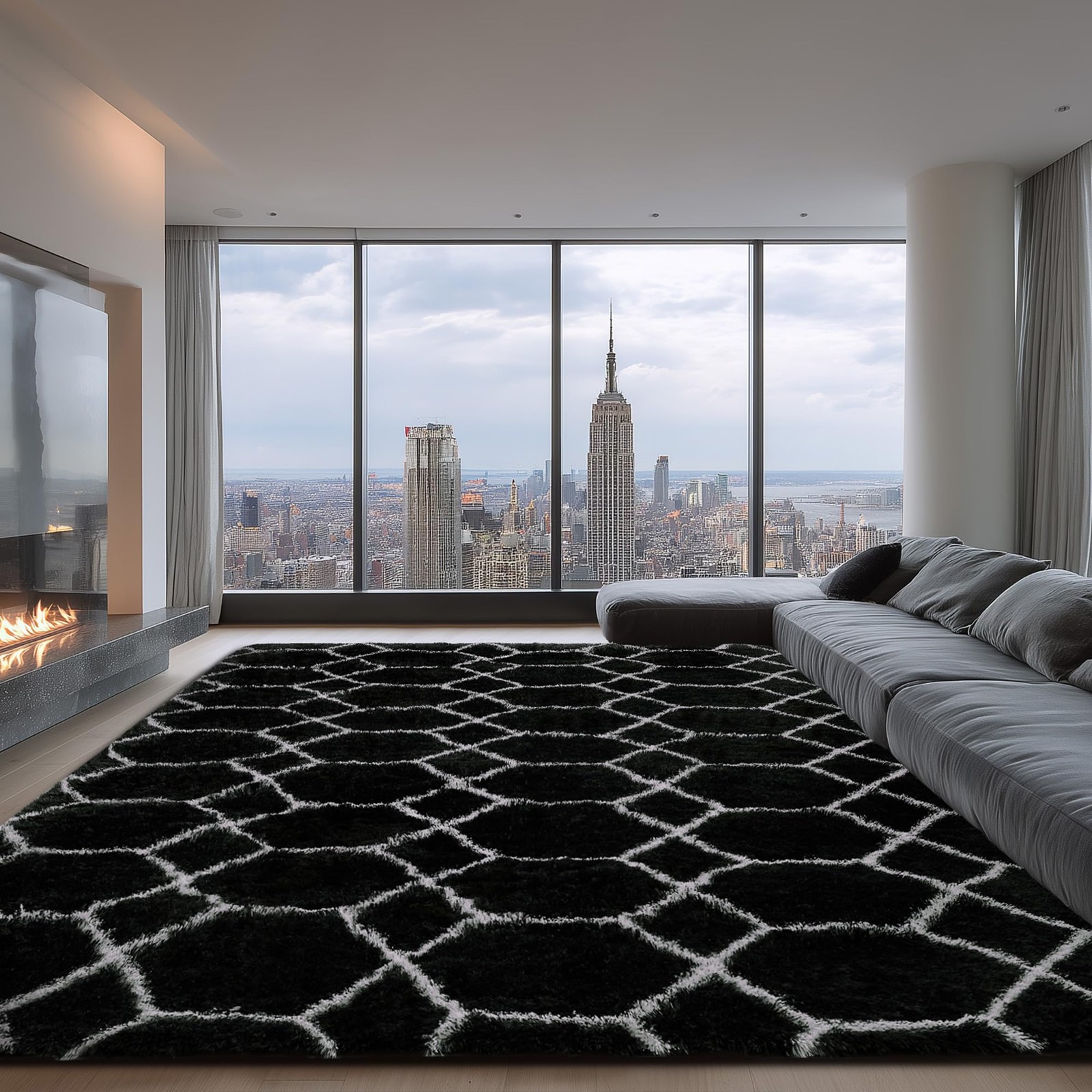 Large Rugs for Living Room, 8×10 Fluffy Black and White Bedroom Area Rug, Shag G
