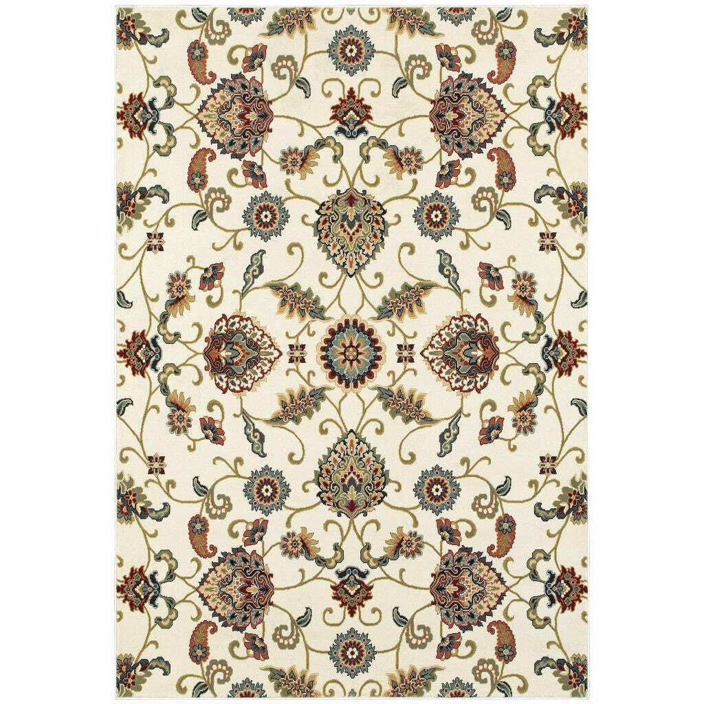 6′ X 9′ Ivory Green Blue Red Salmon And Yellow Floral Power Loom Stain Resistant
