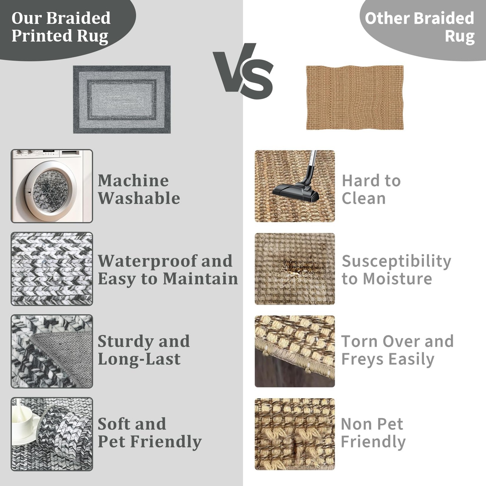 RUGSREAL 9×12 Grey Braided Bohemian Farmhouse Area Rug