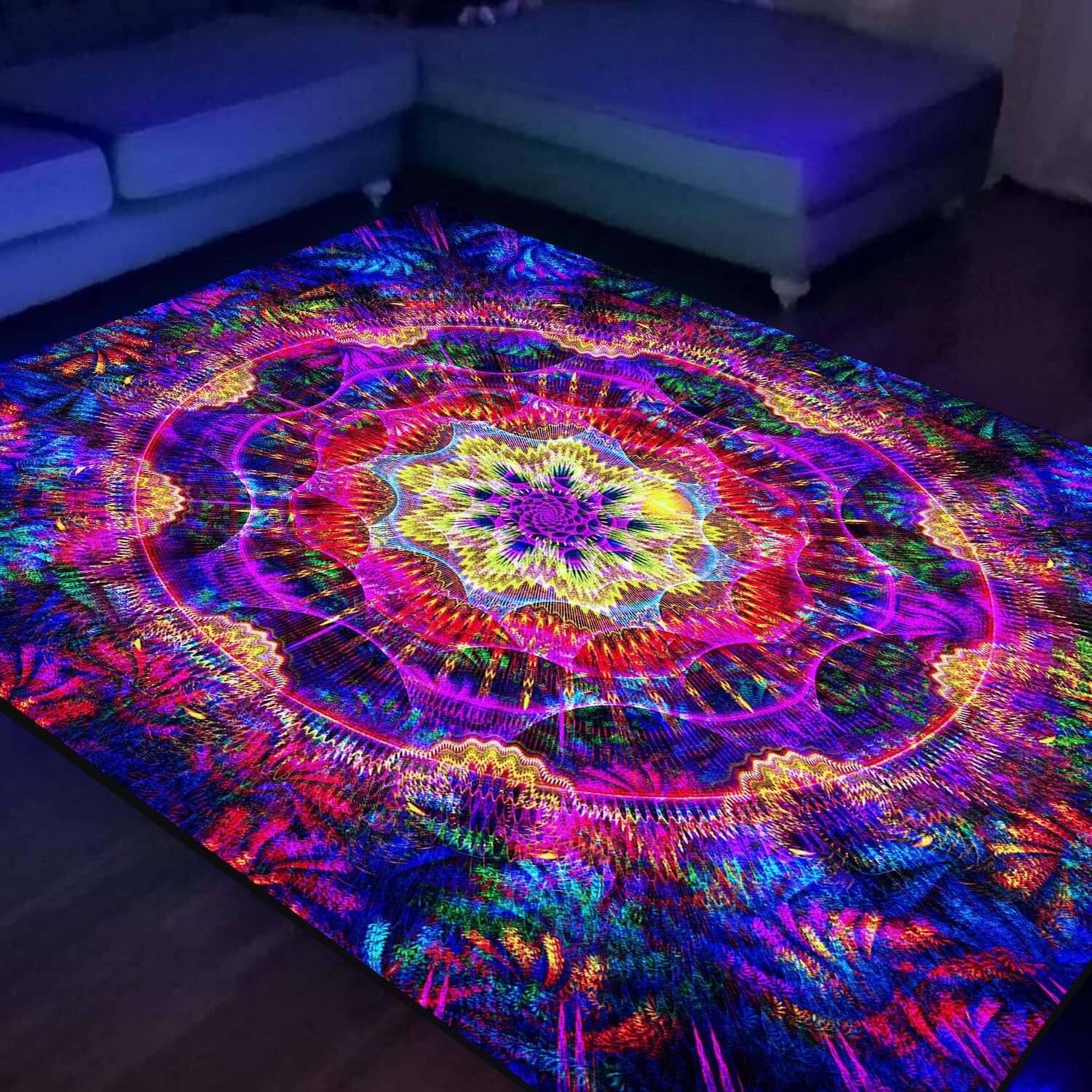 Trippy Mandala Area Rug Black Light,Large UV Reactive Glow in The Dark Boho N…